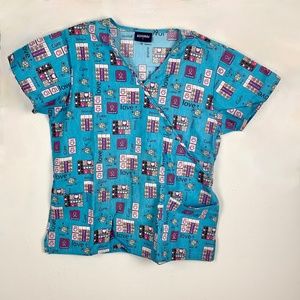 Absolute Scrub Top L Cure Love Cotton Pockets Short Sleeves Wrap Front Pullover